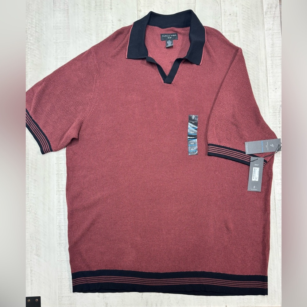 Men's V-Neck Knit Polo Sweater - Burgundy with Black Trim